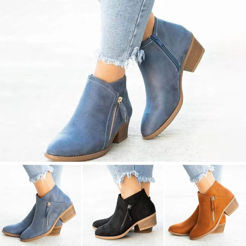 Women's Suede Ankle Boots with Side Zipper Contoured Insole and Closed Heel Design