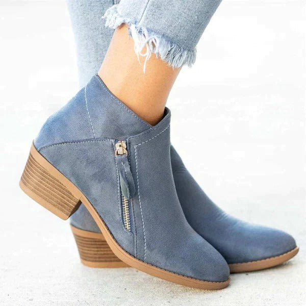 Women's Suede Ankle Boots with Side Zipper Contoured Insole and Closed Heel Design