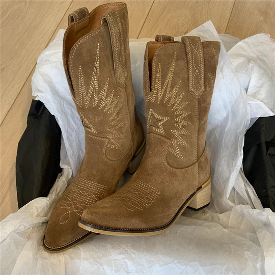 Women's Western Mid Calf Cowboy Boots with Low Stacked Heel Side Zip and Rubber Sole