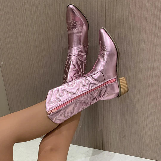 Women's Western Mid Calf Cowboy Boots with Low Stacked Heel Side Zip and Rubber Sole