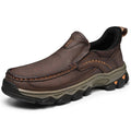 Men's Leather Slip On Walking Shoes with Moc Toe Elastic Side Panels and Pull Tab