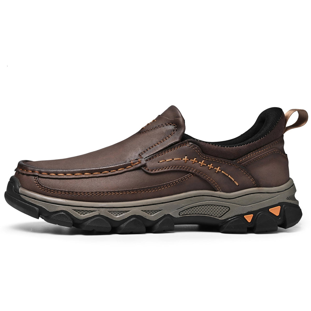 Men's Leather Slip On Walking Shoes with Moc Toe Elastic Side Panels and Pull Tab