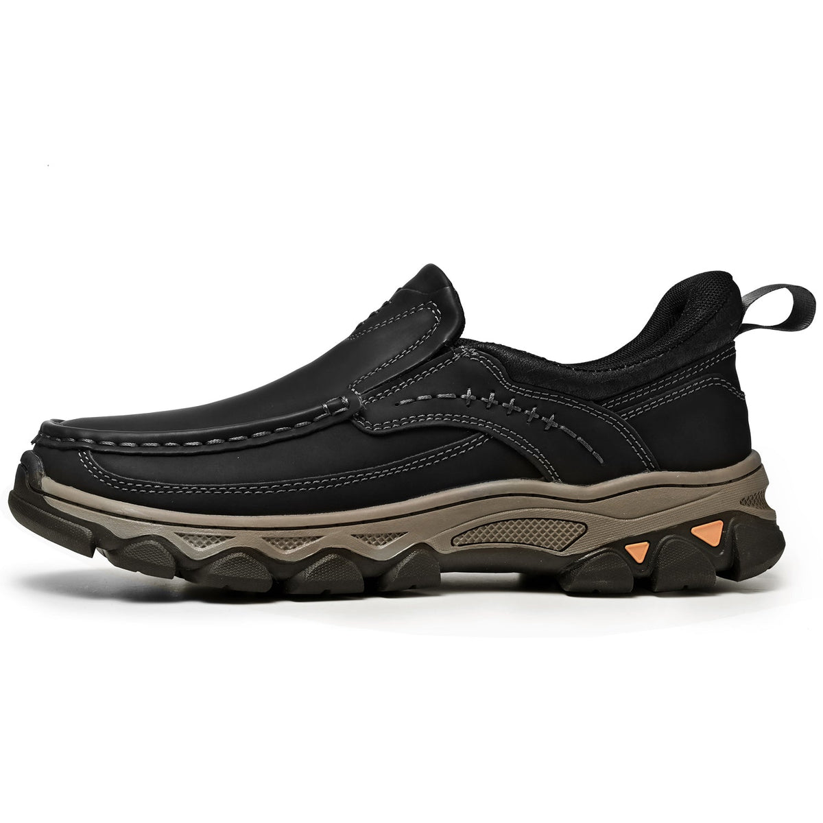 Men's Leather Slip On Walking Shoes with Moc Toe Elastic Side Panels and Pull Tab