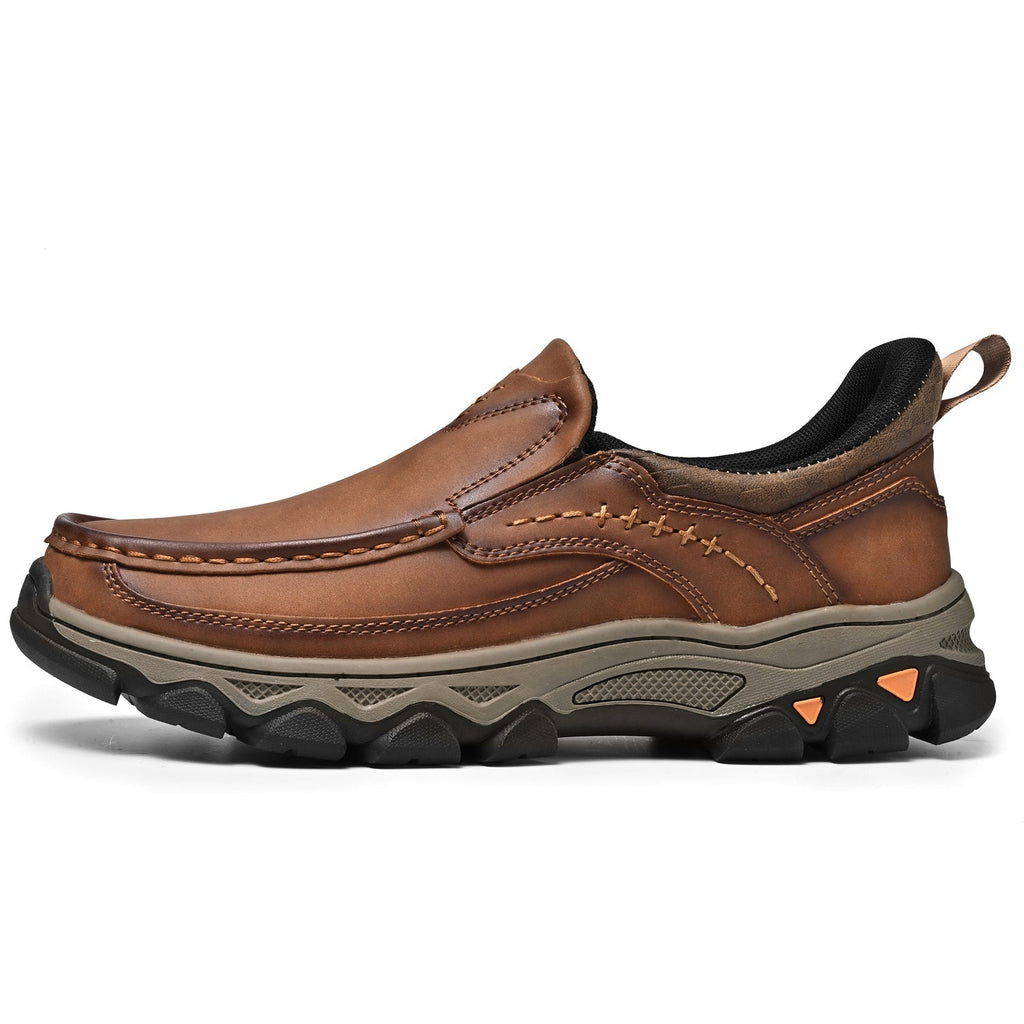 Men's Leather Slip On Walking Shoes with Moc Toe Elastic Side Panels and Pull Tab
