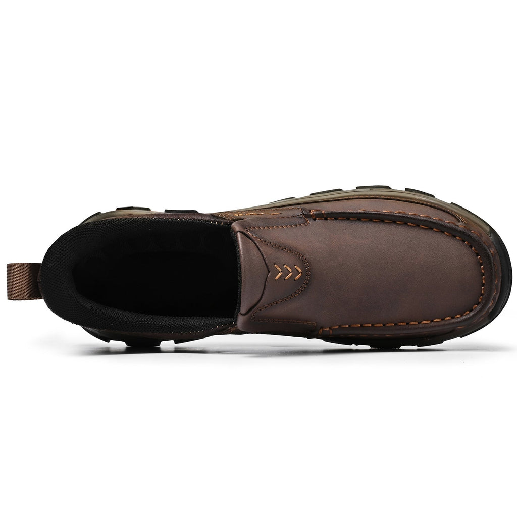 Men's Leather Slip On Walking Shoes with Moc Toe Elastic Side Panels and Pull Tab