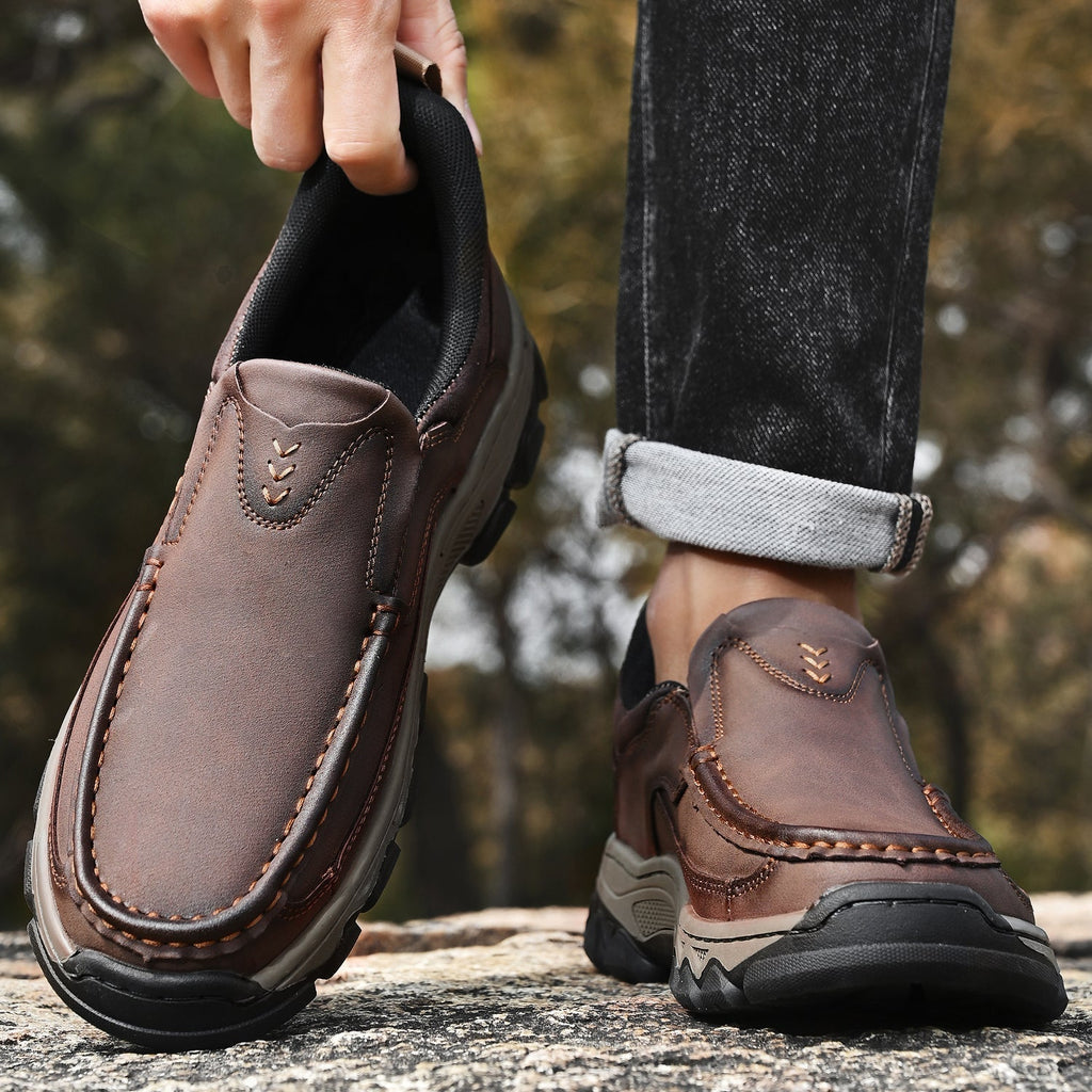 Men's Leather Slip On Walking Shoes with Moc Toe Elastic Side Panels and Pull Tab