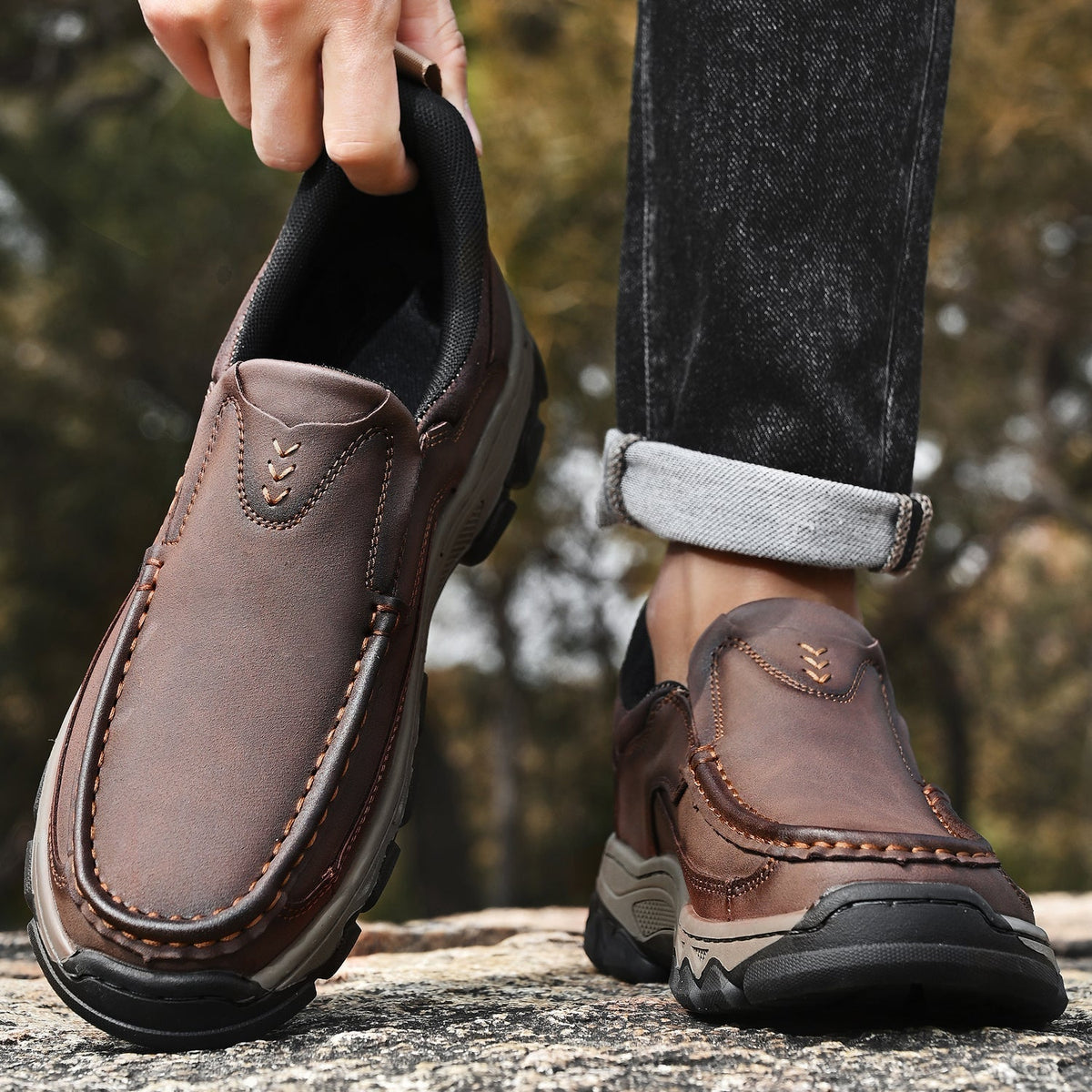 Men's Leather Slip On Walking Shoes with Moc Toe Elastic Side Panels and Pull Tab