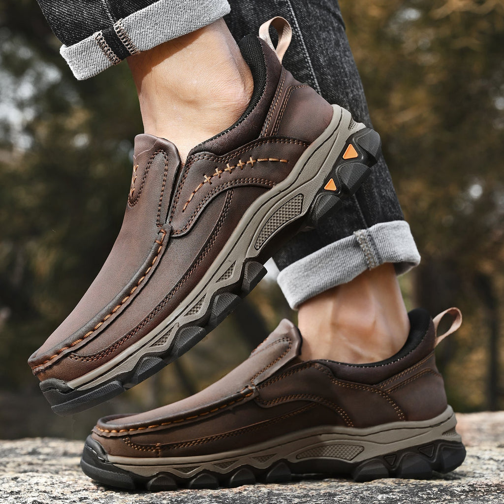 Men's Leather Slip On Walking Shoes with Moc Toe Elastic Side Panels and Pull Tab