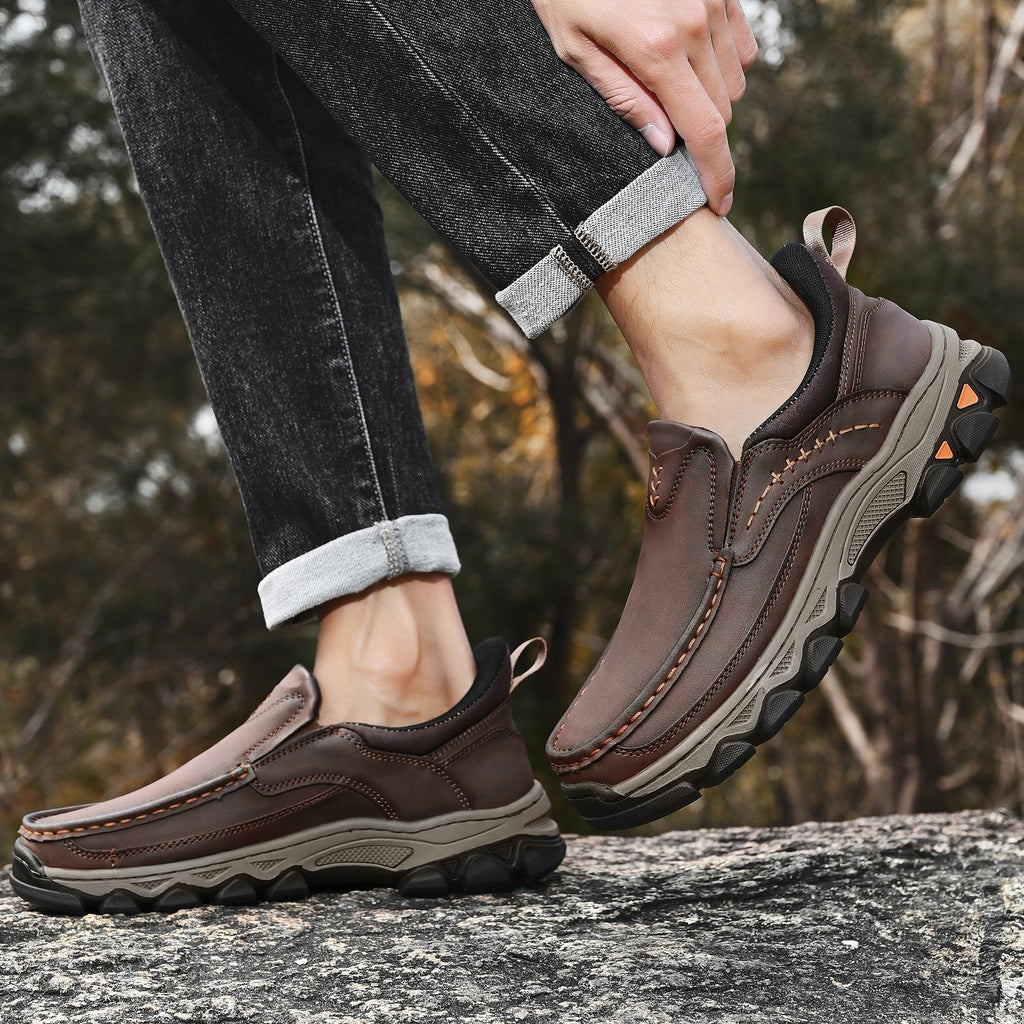 Men's Leather Slip On Walking Shoes with Moc Toe Elastic Side Panels and Pull Tab