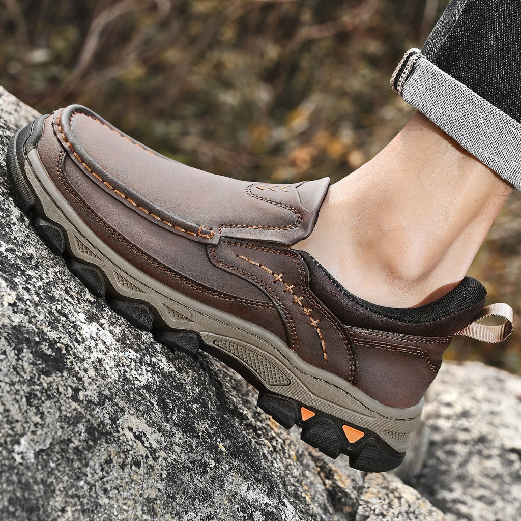 Men's Leather Slip On Walking Shoes with Moc Toe Elastic Side Panels and Pull Tab