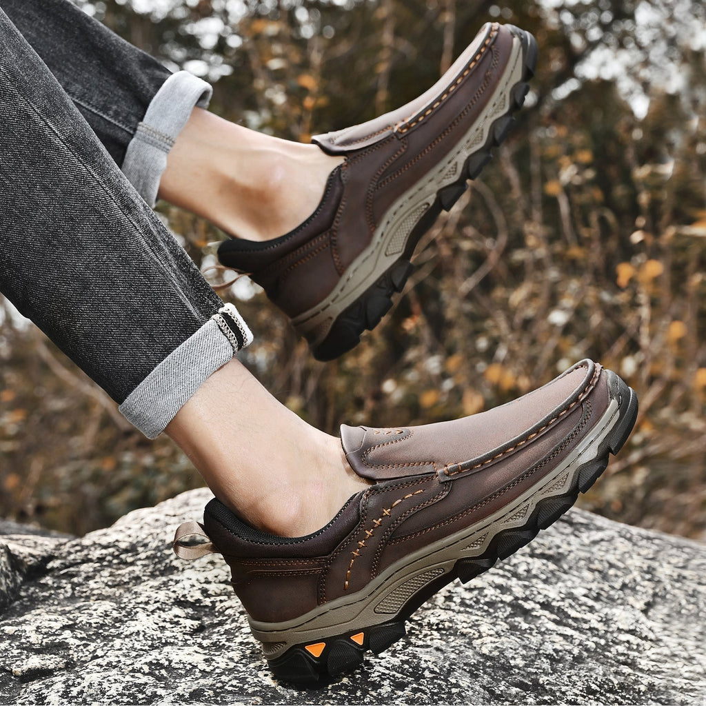 Men's Leather Slip On Walking Shoes with Moc Toe Elastic Side Panels and Pull Tab