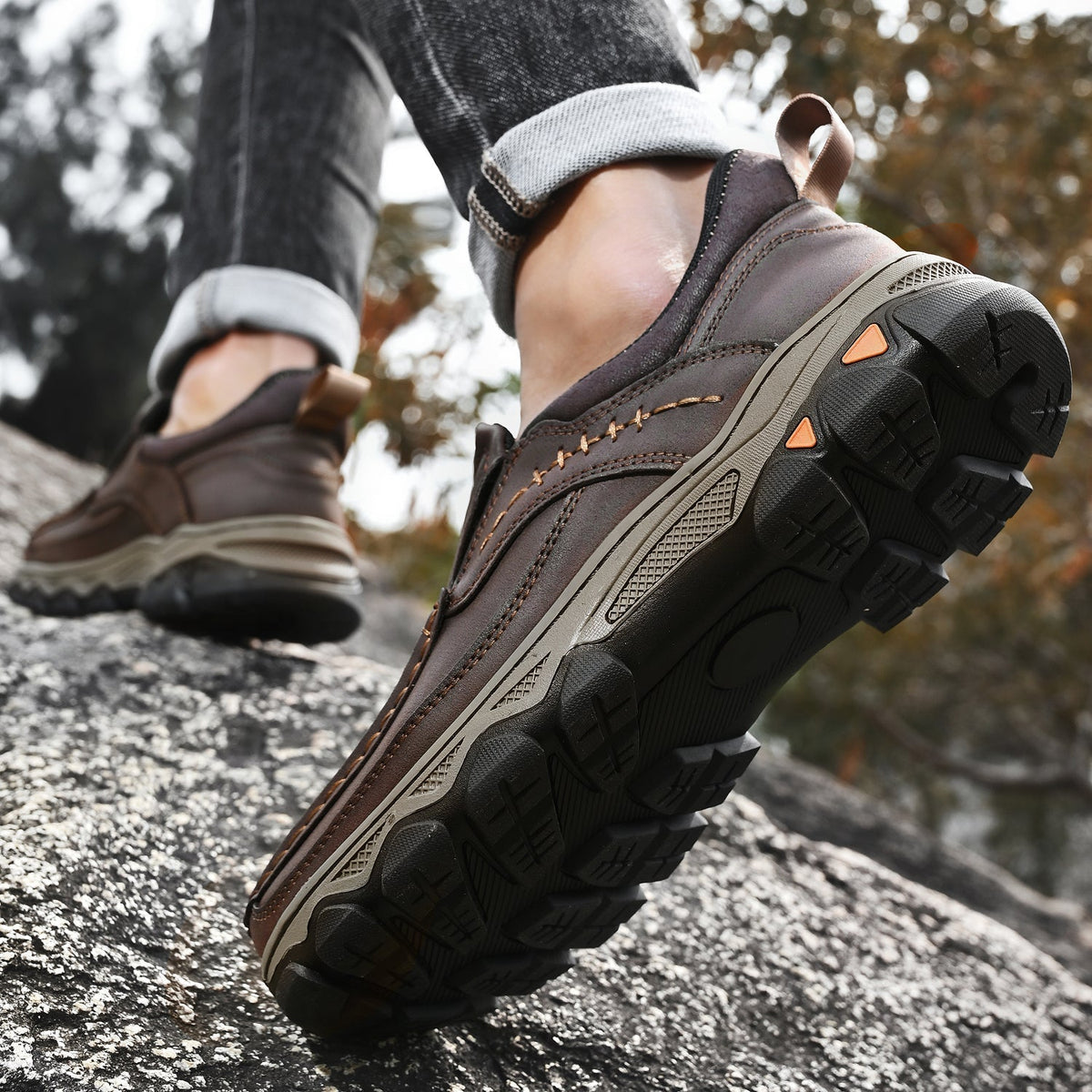 Men's Leather Slip On Walking Shoes with Moc Toe Elastic Side Panels and Pull Tab