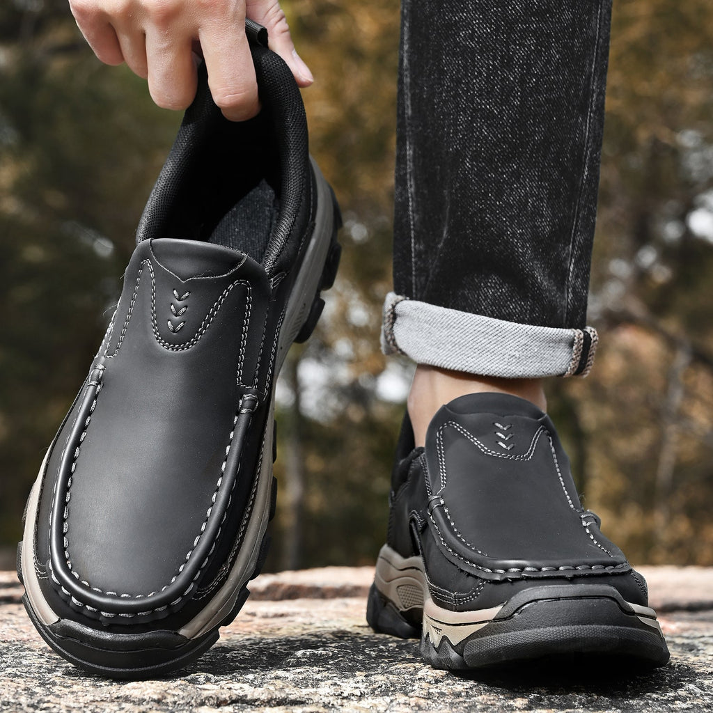Men's Leather Slip On Walking Shoes with Moc Toe Elastic Side Panels and Pull Tab