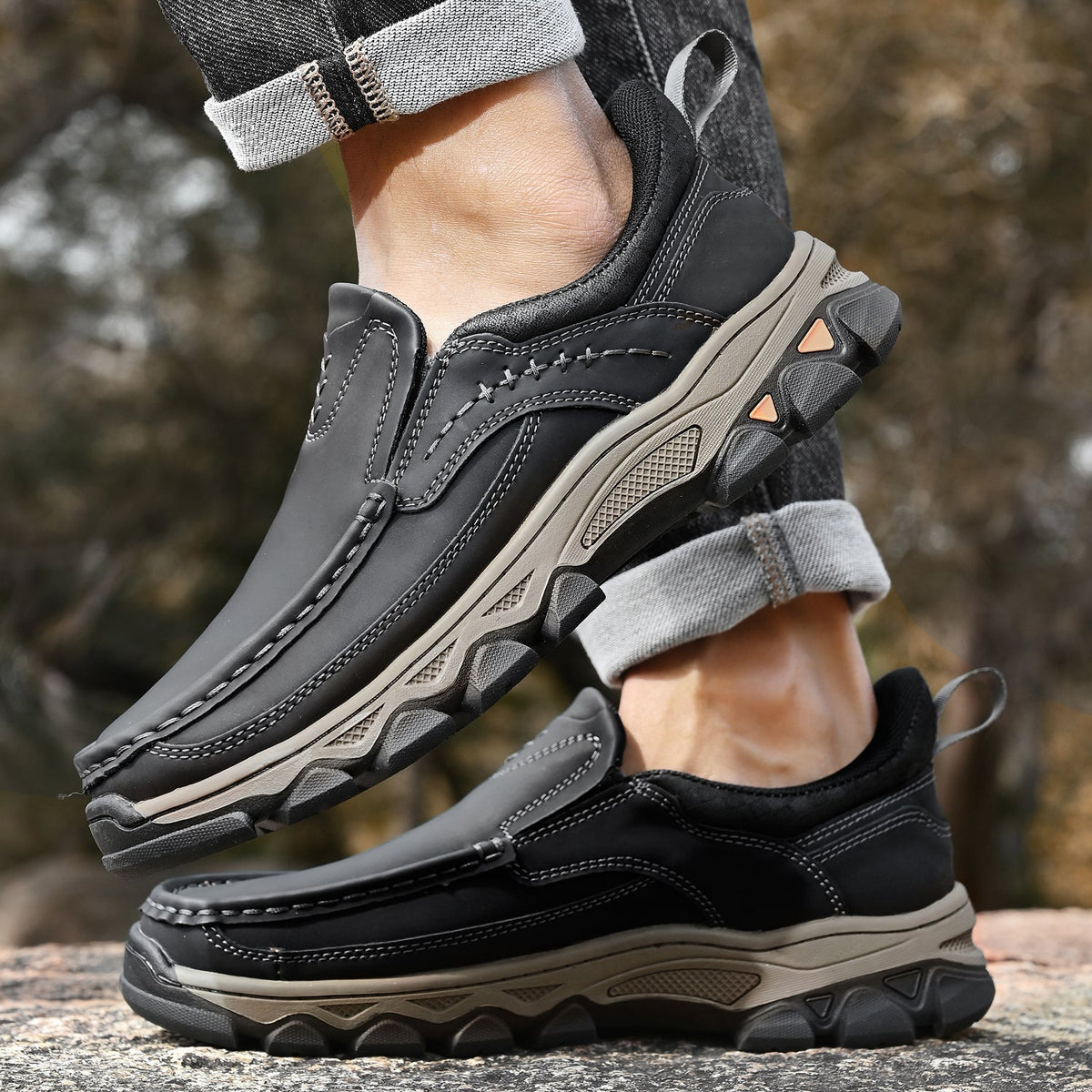 Men's Leather Slip On Walking Shoes with Moc Toe Elastic Side Panels and Pull Tab