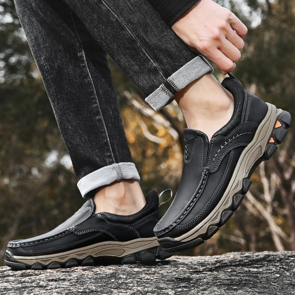 Men's Leather Slip On Walking Shoes with Moc Toe Elastic Side Panels and Pull Tab