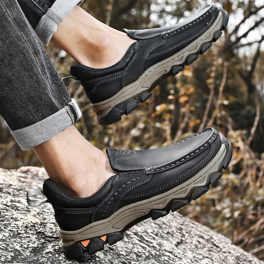 Men's Leather Slip On Walking Shoes with Moc Toe Elastic Side Panels and Pull Tab