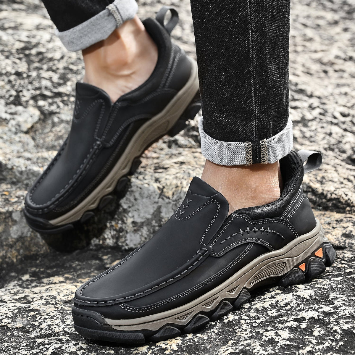 Men's Leather Slip On Walking Shoes with Moc Toe Elastic Side Panels and Pull Tab