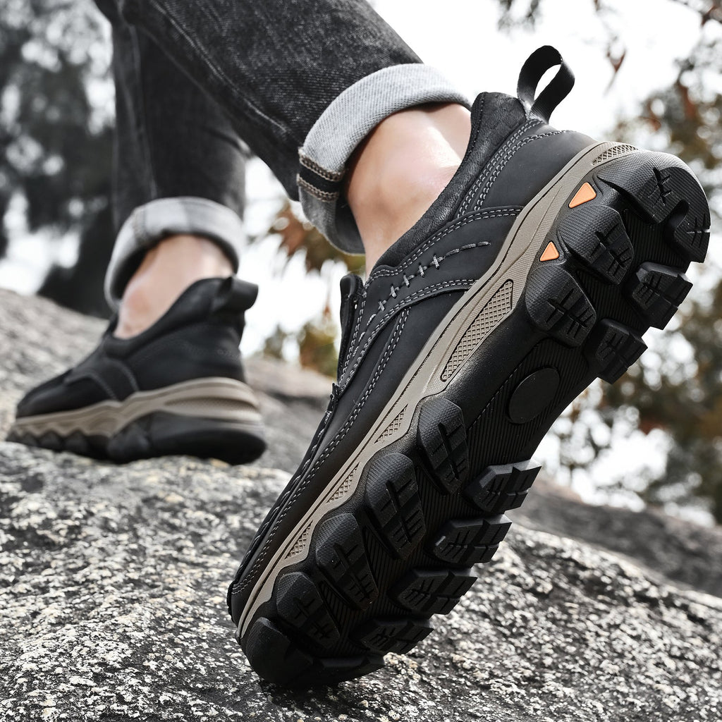 Men's Leather Slip On Walking Shoes with Moc Toe Elastic Side Panels and Pull Tab