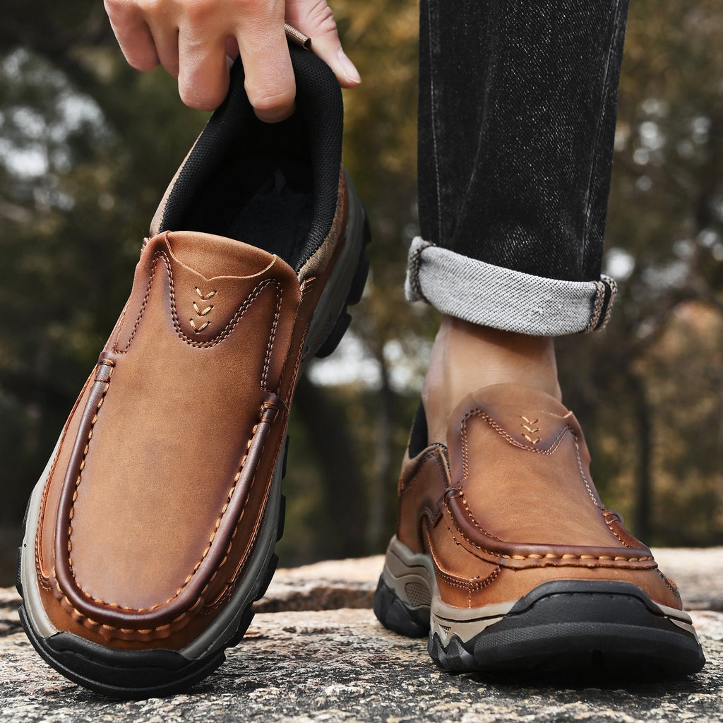 Men's Leather Slip On Walking Shoes with Moc Toe Elastic Side Panels and Pull Tab