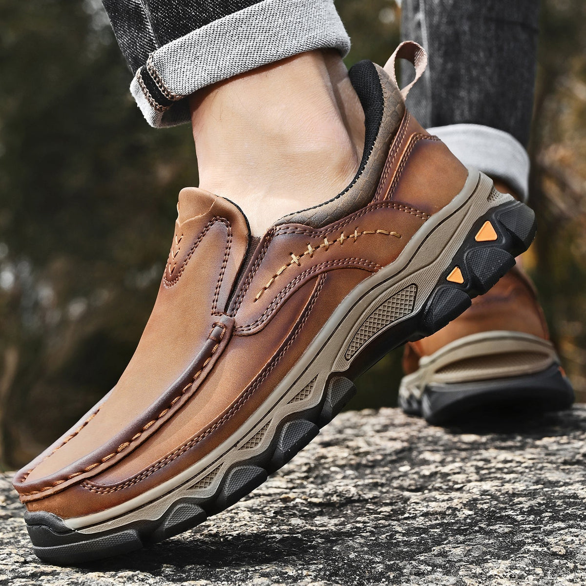 Men's Leather Slip On Walking Shoes with Moc Toe Elastic Side Panels and Pull Tab