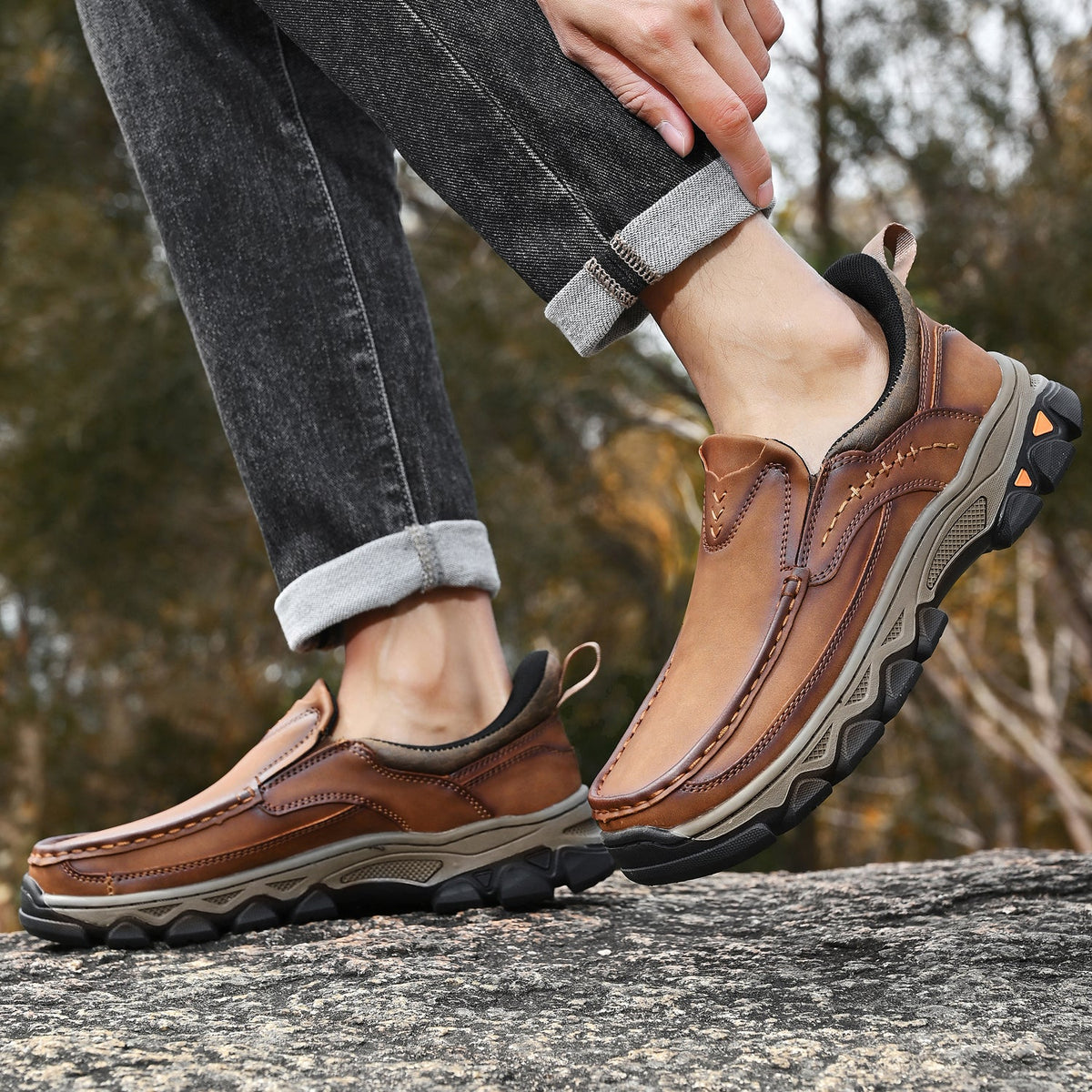 Men's Leather Slip On Walking Shoes with Moc Toe Elastic Side Panels and Pull Tab