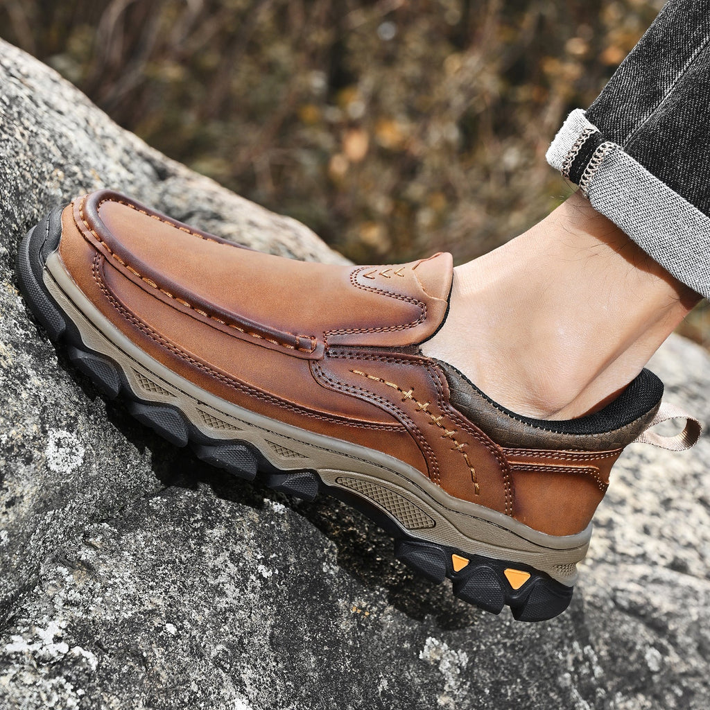 Men's Leather Slip On Walking Shoes with Moc Toe Elastic Side Panels and Pull Tab