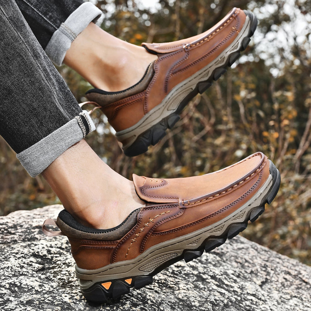 Men's Leather Slip On Walking Shoes with Moc Toe Elastic Side Panels and Pull Tab