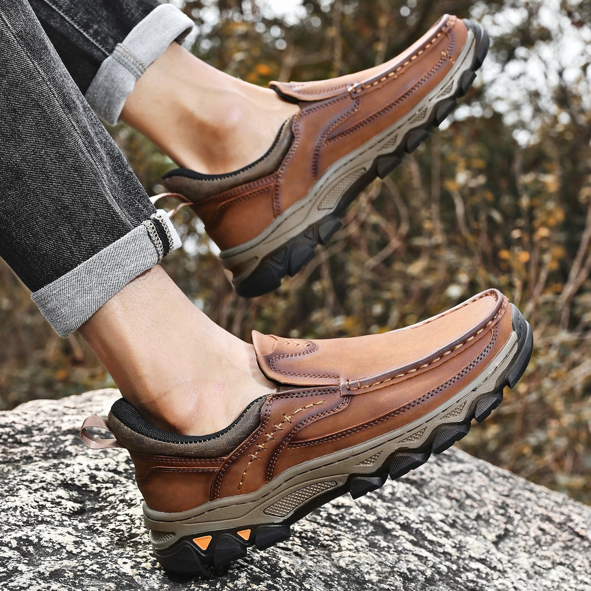 Men's Leather Slip On Walking Shoes with Moc Toe Elastic Side Panels and Pull Tab