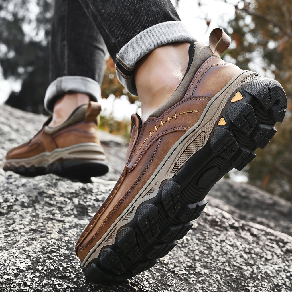 Men's Leather Slip On Walking Shoes with Moc Toe Elastic Side Panels and Pull Tab
