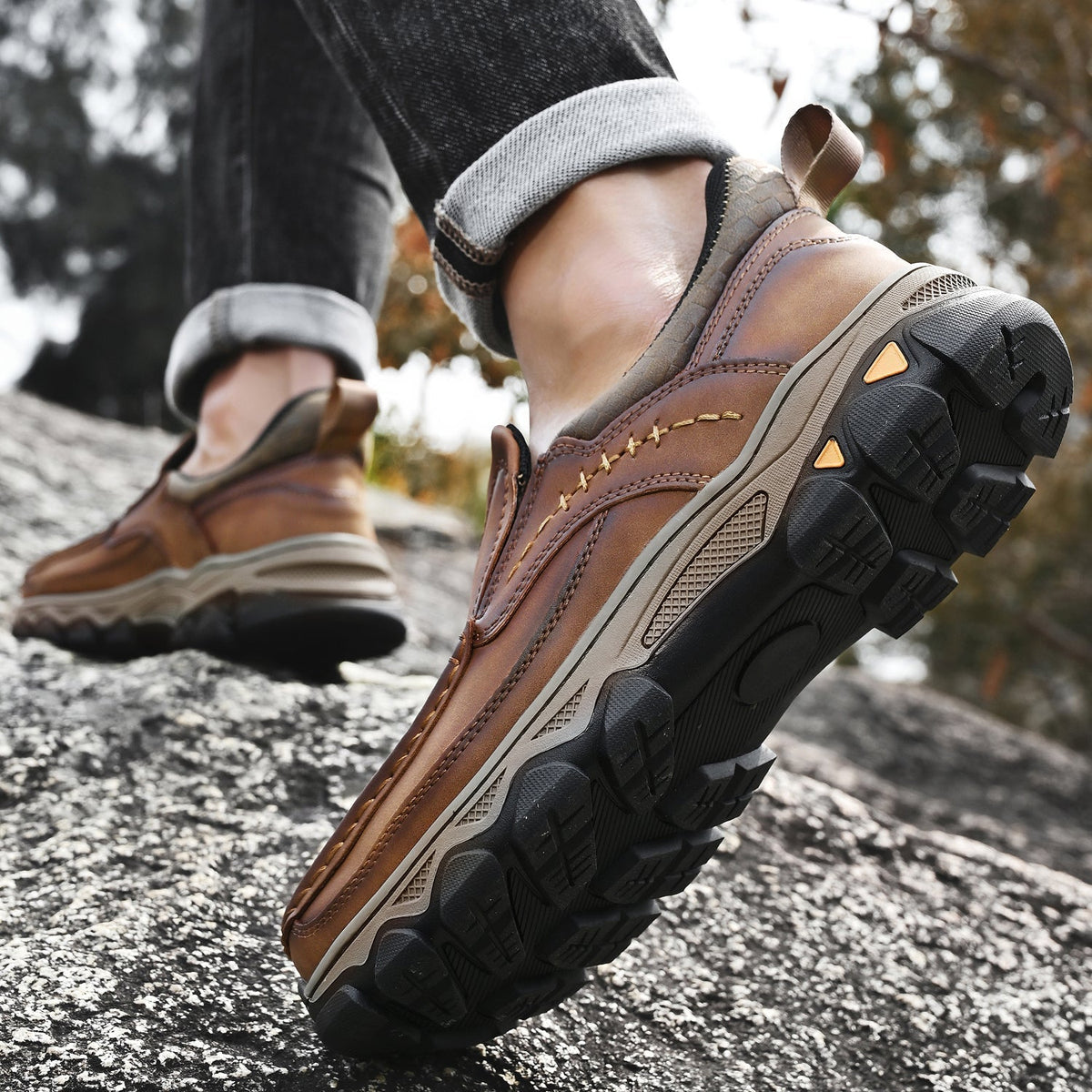 Men's Leather Slip On Walking Shoes with Moc Toe Elastic Side Panels and Pull Tab