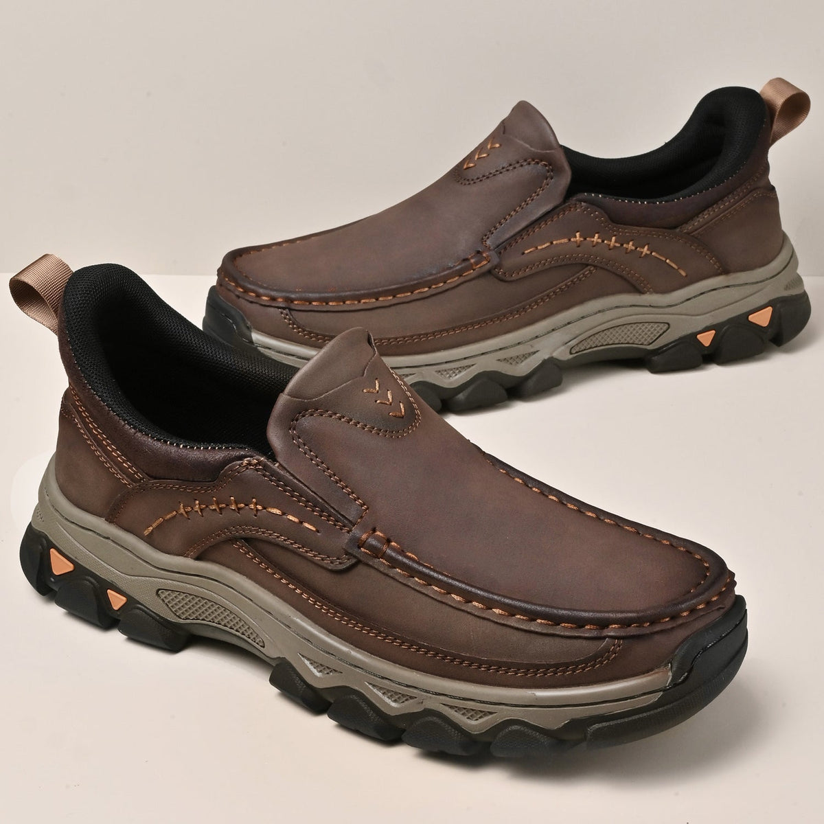 Men's Leather Slip On Walking Shoes with Moc Toe Elastic Side Panels and Pull Tab