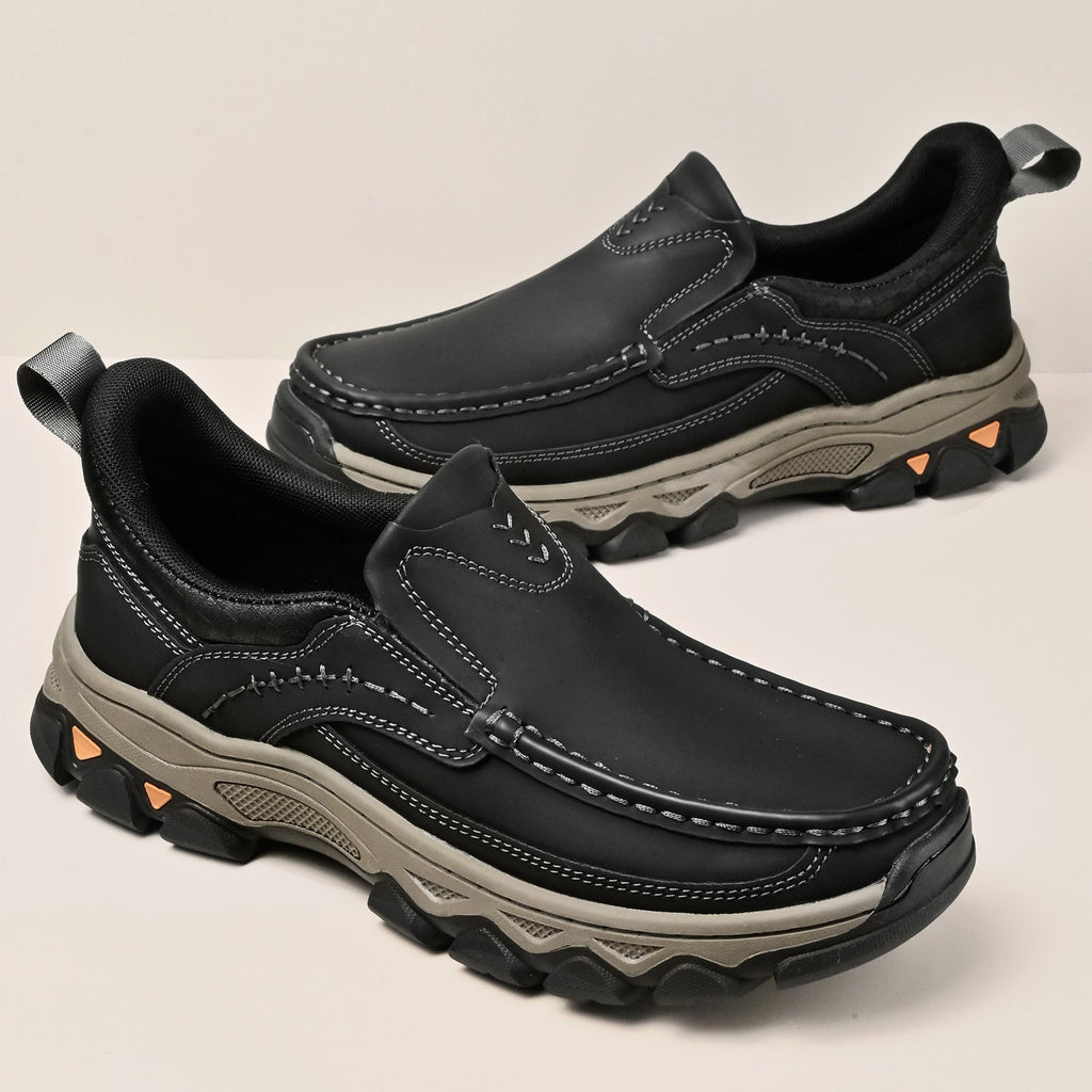 Men's Leather Slip On Walking Shoes with Moc Toe Elastic Side Panels and Pull Tab