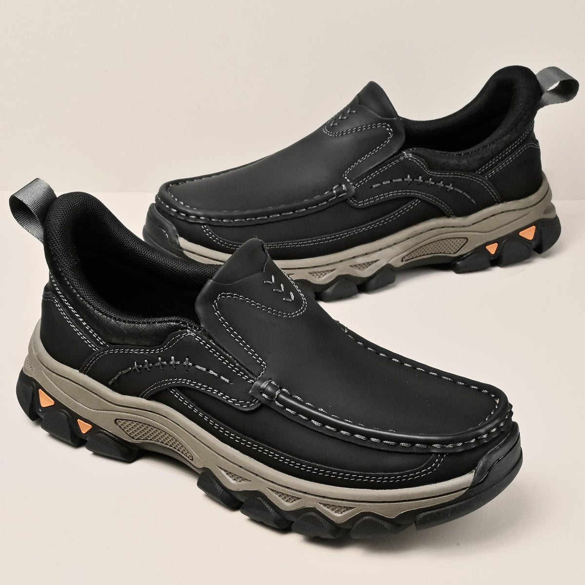 Men's Leather Slip On Walking Shoes with Moc Toe Elastic Side Panels and Pull Tab