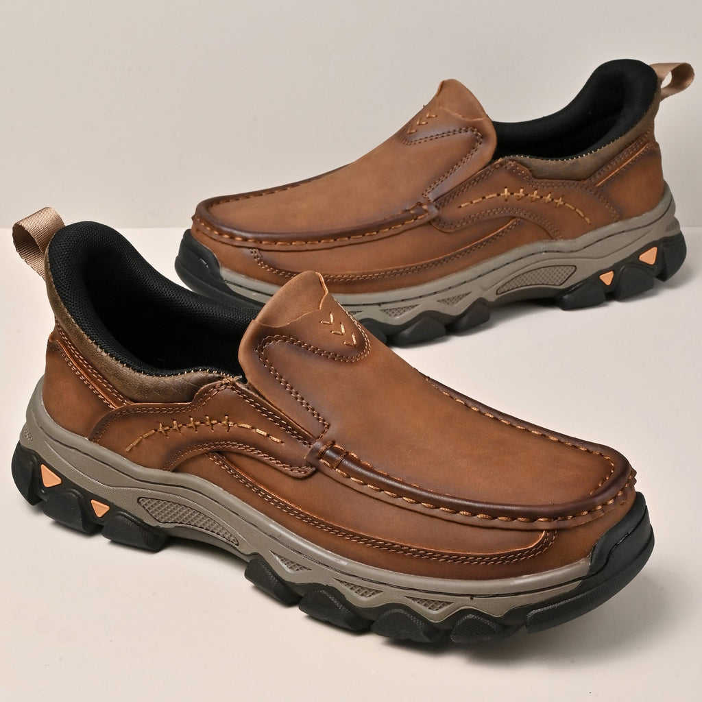 Men's Leather Slip On Walking Shoes with Moc Toe Elastic Side Panels and Pull Tab