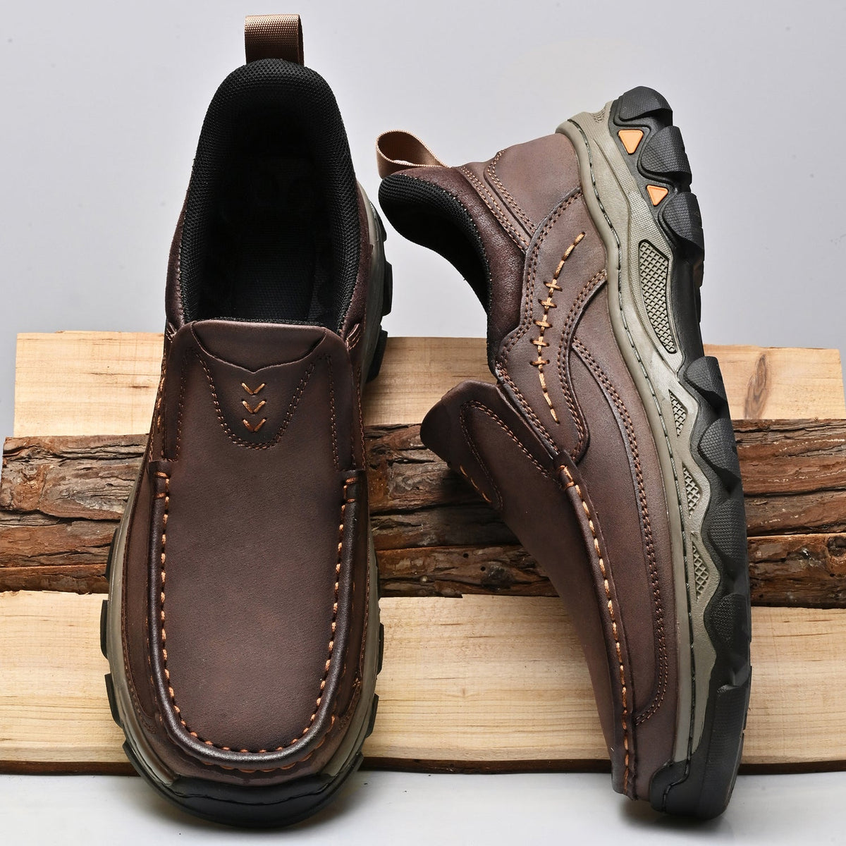 Men's Leather Slip On Walking Shoes with Moc Toe Elastic Side Panels and Pull Tab
