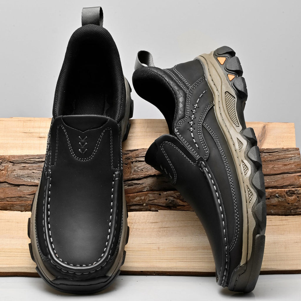 Men's Leather Slip On Walking Shoes with Moc Toe Elastic Side Panels and Pull Tab