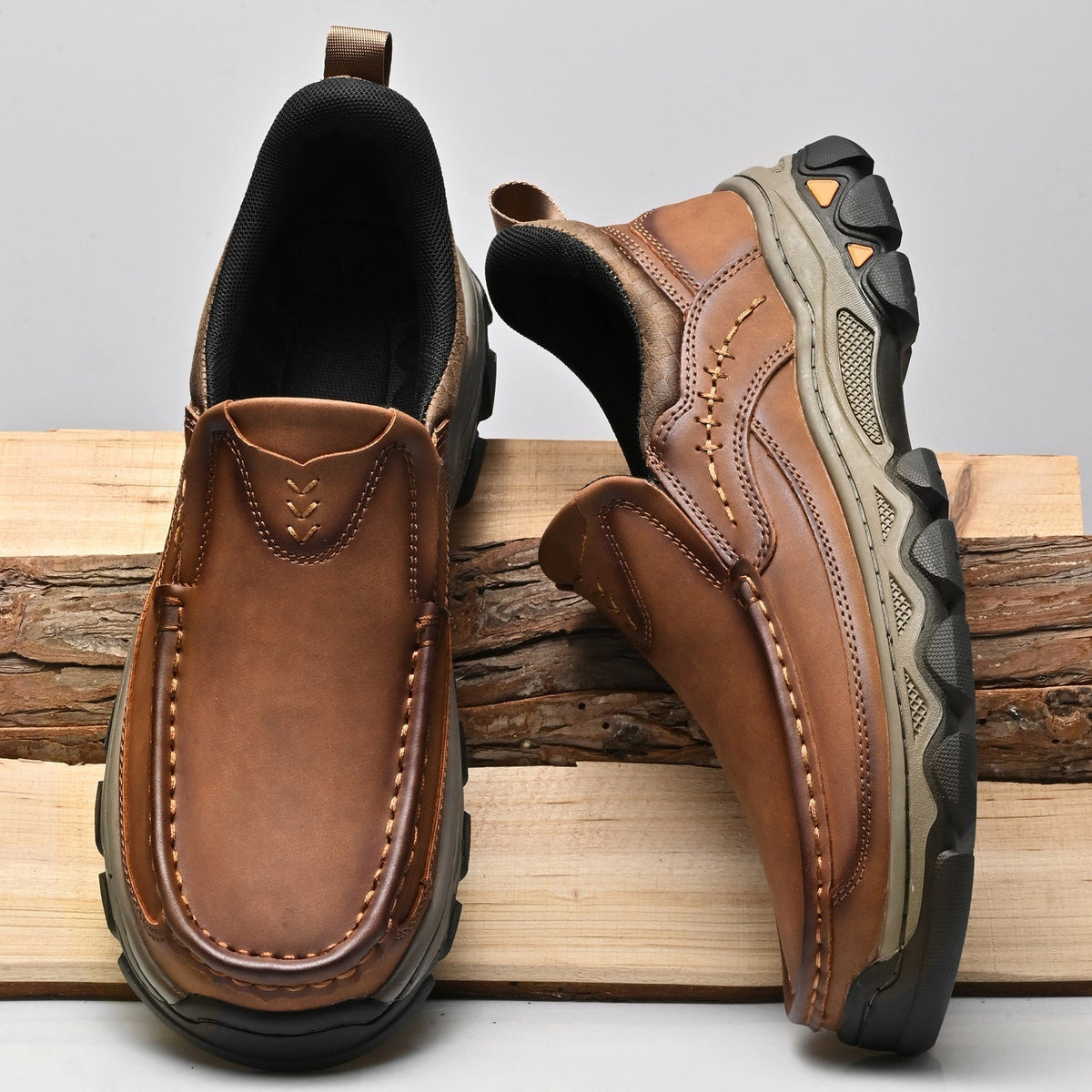 Men's Leather Slip On Walking Shoes with Moc Toe Elastic Side Panels and Pull Tab