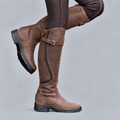 Women's Tall Leather Riding Boots with Buckle Strap and Rugged Rubber Sole for Hiking